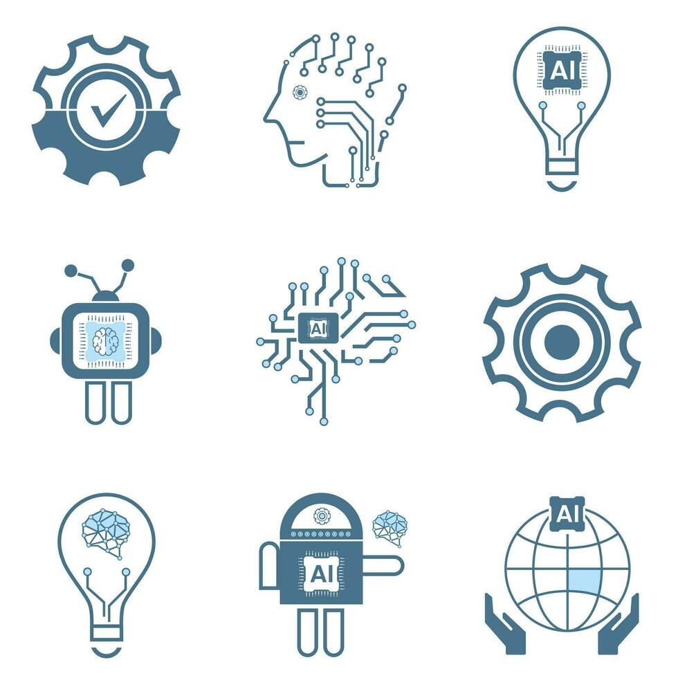 Groups of NINE Artificial intelligence line icons, 9 AI for technology symbols concepts, and Nine cybernetic icons, ai, technology vector, illustration concept design vector
