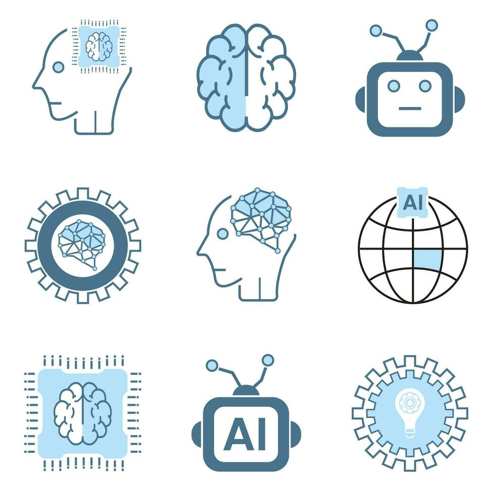 Group of modern AI icons, symbols. Set of Artificial intelligence lined style, cybernetic, ai, head, technology vector