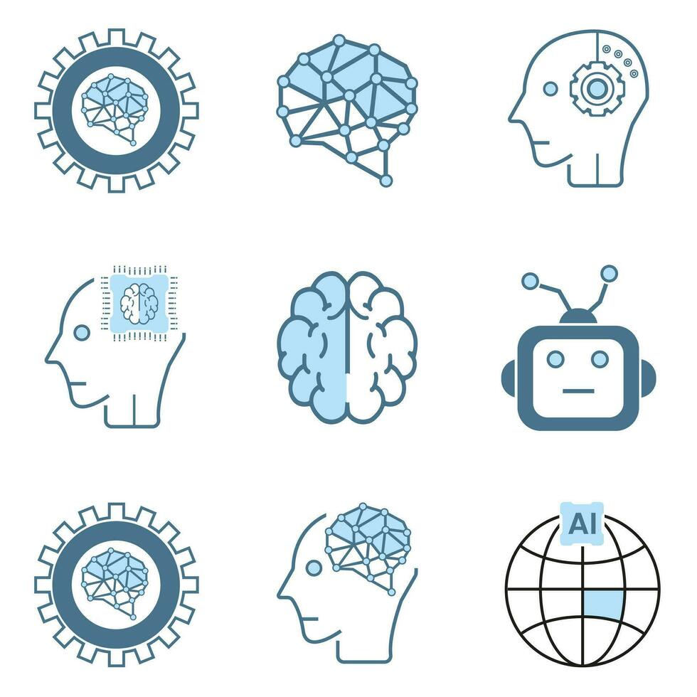 Group of nine AI icons, symbols. Set of Artificial intelligence lined style, cybernetic, ai, head, technology vector