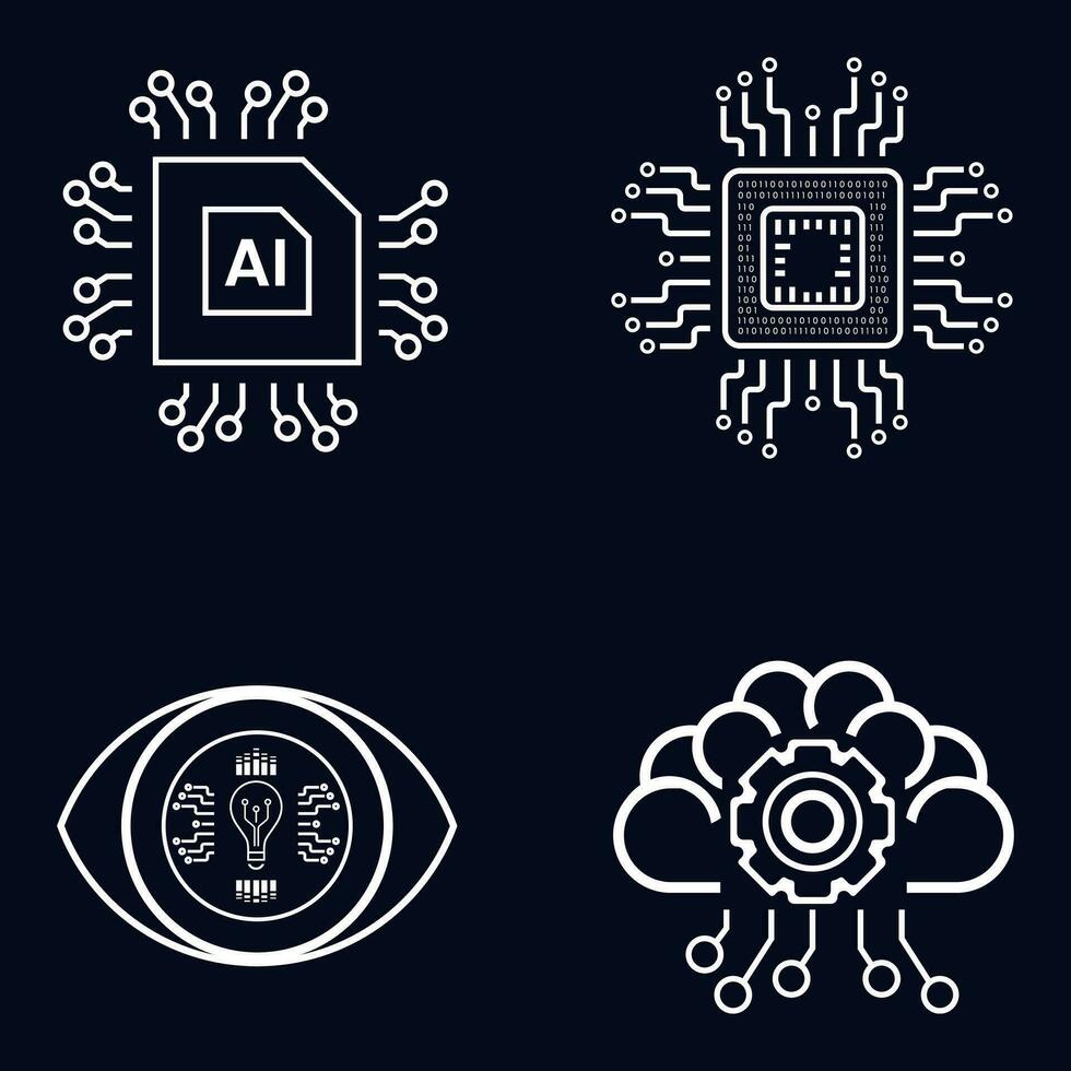 Set of 4 icons, symbols for AI concept vector, illustration design. Four artificial intelligent icons on dark background vector