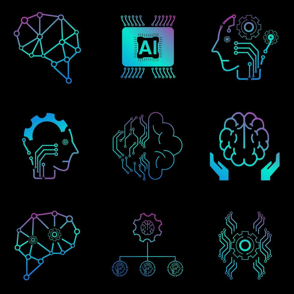 SET of Nine technology icons vector, AI vector concept, 9 icons of AI generation illustration symbol, AI icons set for Artificial intelligence on dark backgroun