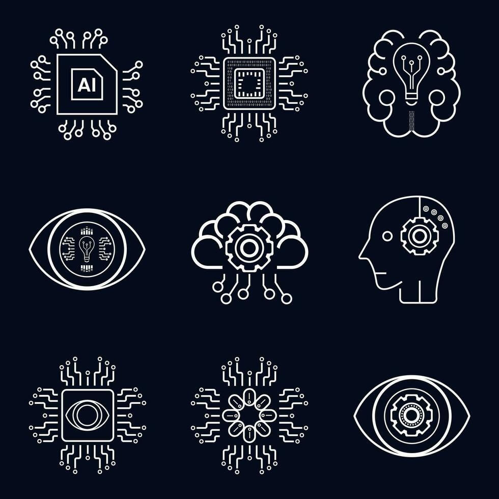 conjunto de 9 9 iconos, símbolos para ai concepto vector, ilustración diseño. nueve artificial inteligente íconos en oscuro antecedentes vector