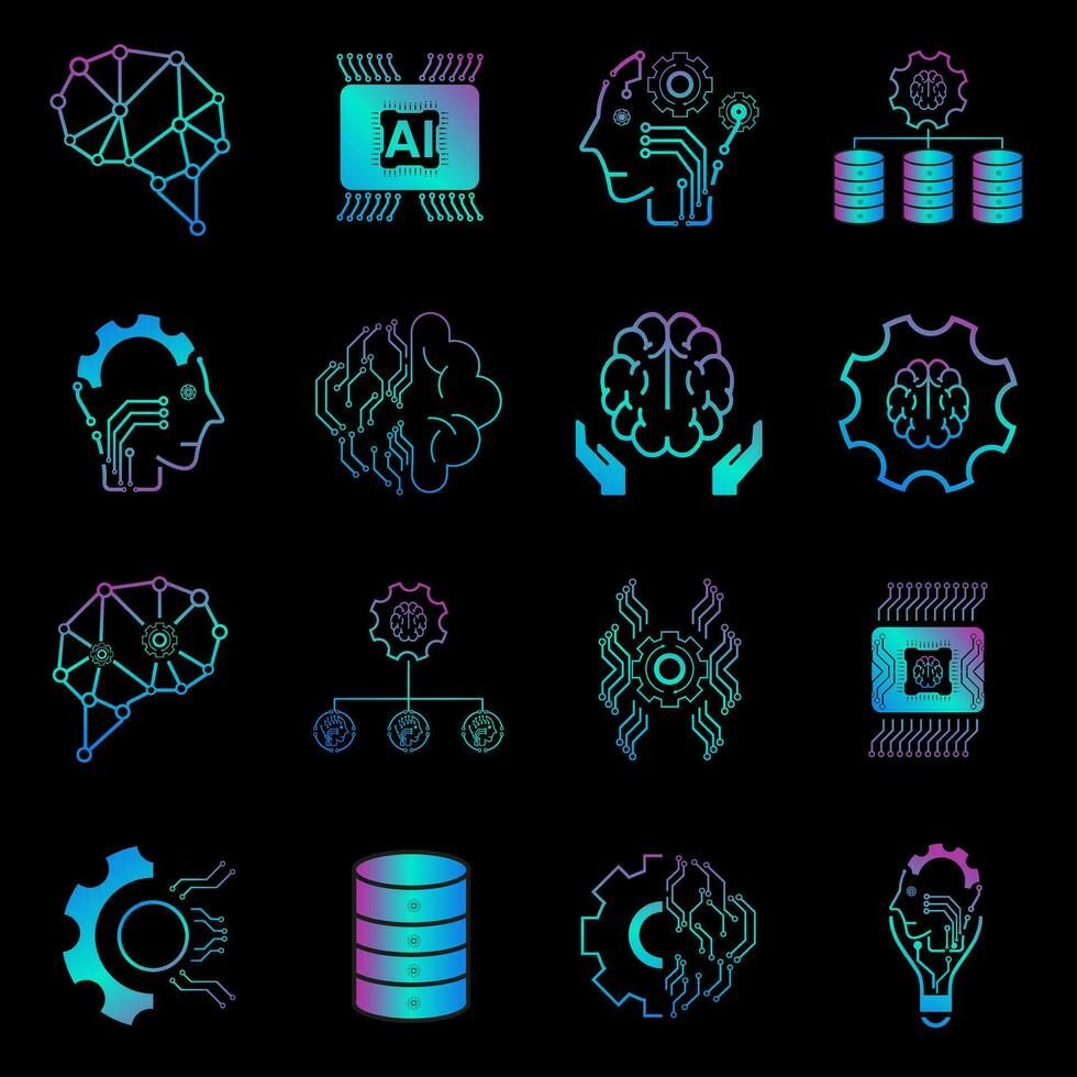 Group of technology icons vector, AI vector concept, 16 icons of AI generation illustration symbol, AI icons set for Artificial intelligence on dark background