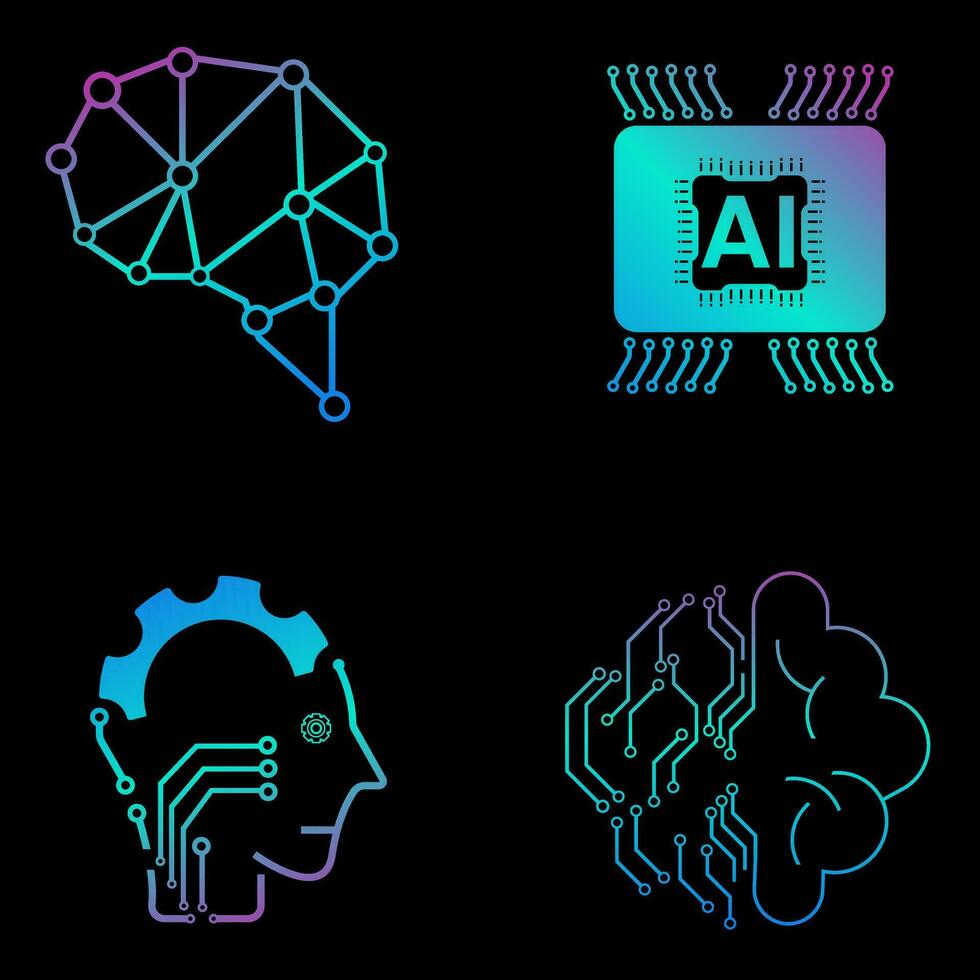 SET of Four technology icons vector, AI vector concept, 4 icons of AI generation illustration symbol, AI icons set for Artificial intelligence on dark backgroun