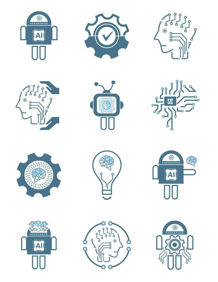 Set of 12 Artificial intelligence line icons, 12 AI for technology symbols concepts, and 12 cybernetic icons, ai, technology vector, illustration concept designs vector