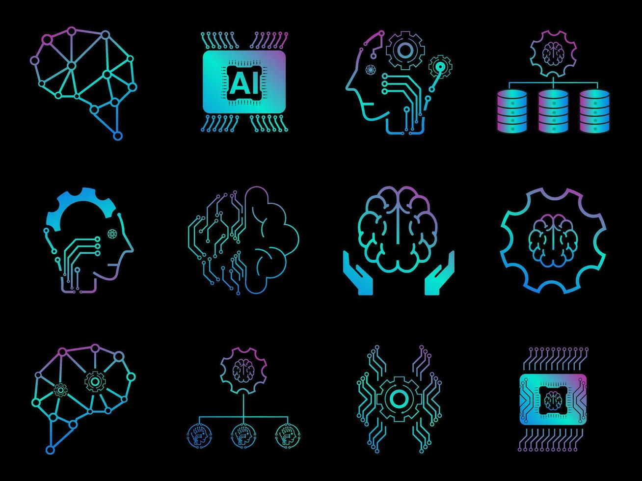 12 artificial intelligence icons, 12 AI icon sets vector, illustration vector