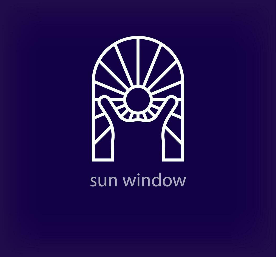 Human logo looking at the sun in front of a creative window. Unique linear window nature logo template. vector