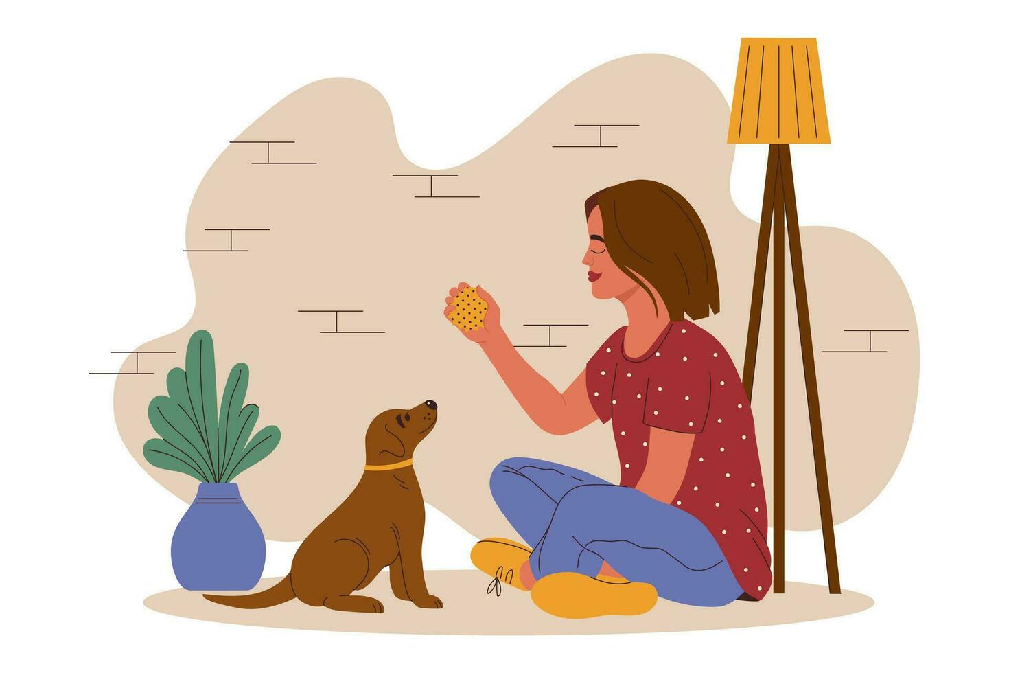 Girl plays with her dog with a brushing toy. Dog dental care concept. Preventing plaque and tartar build-up. Vector illustration