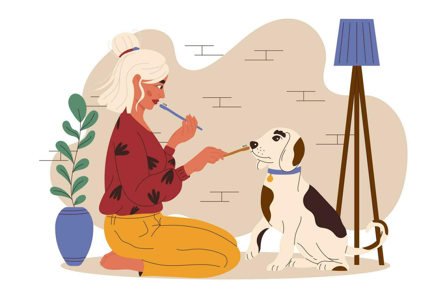 Girl show toothbrush her dog. Oral hygiene for dogs of all breeds. Gum disease prevention. Dog dental care concept. Vector illustration