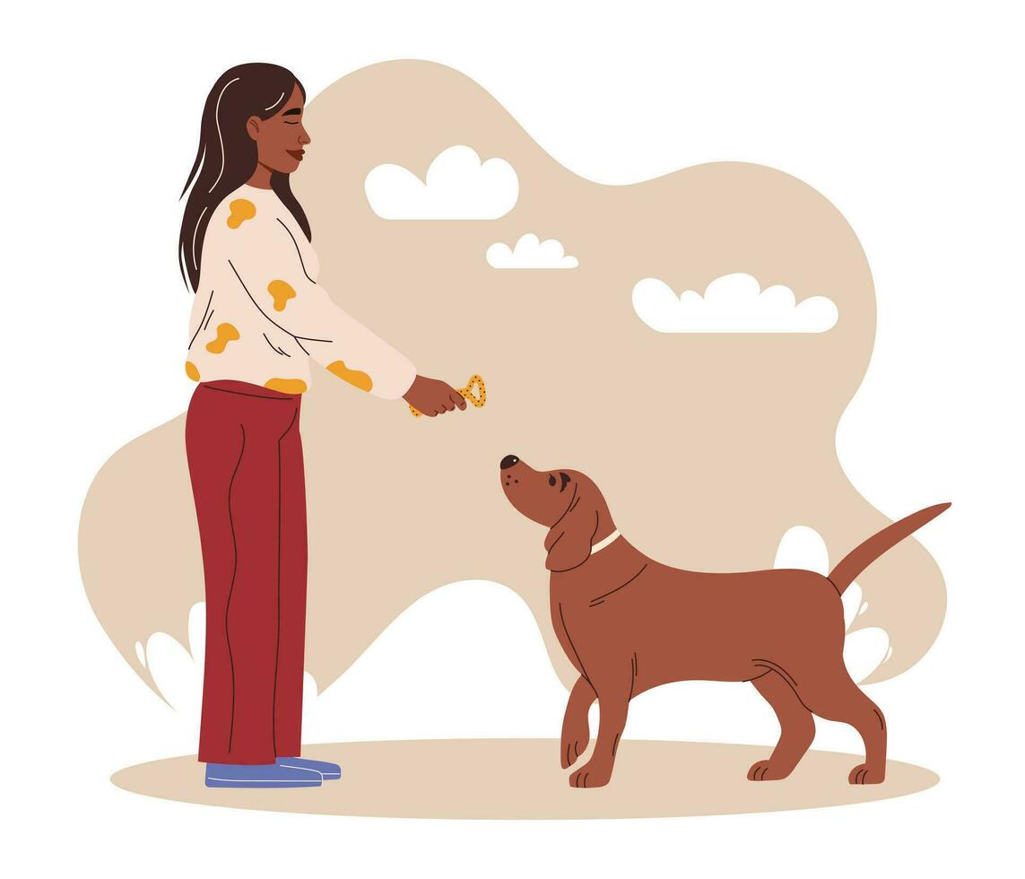 Girl plays with her dog with a brushing toy. Maintaining healthy dog teeth and gums. Dog dental health. Canine dental care and hygiene concept. Vector illustration