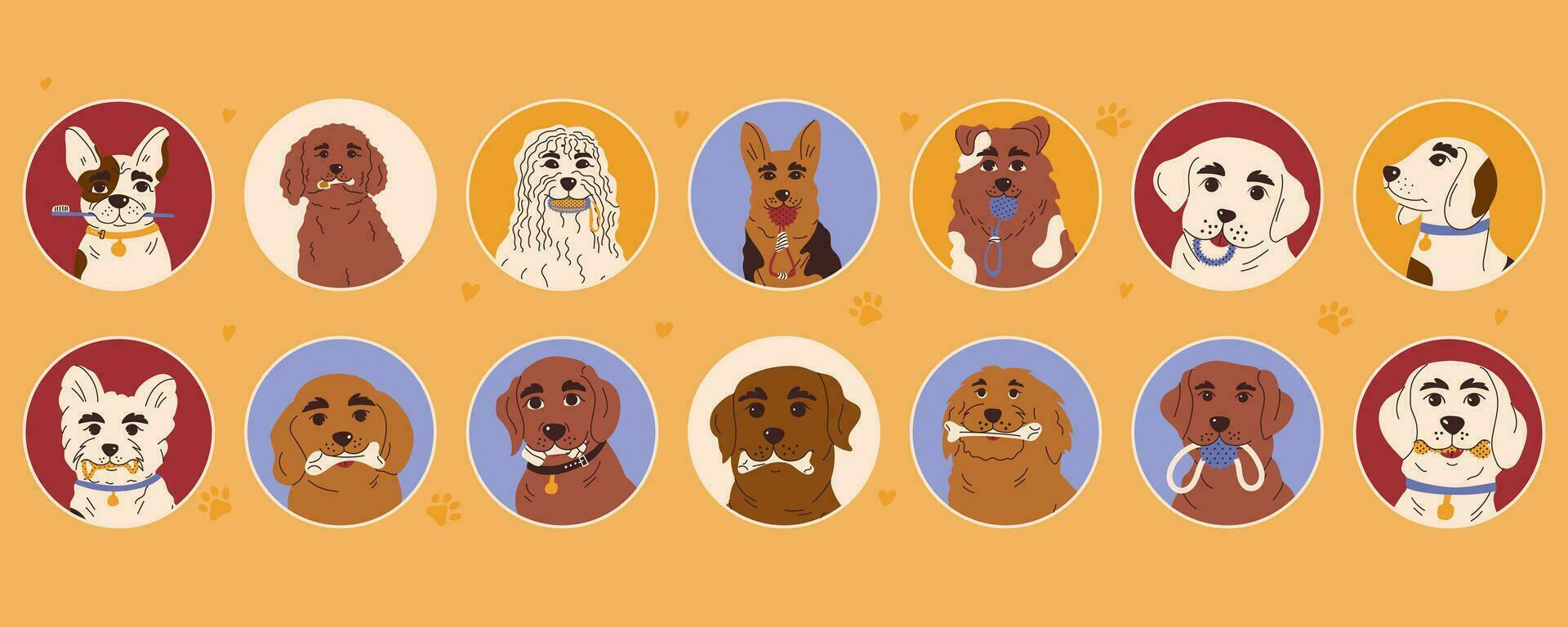 Set of stickers with different dog breeds with toys for brushing or massaging teeth. Dog dental health. Canine dental care and hygiene concept. Vector illustration