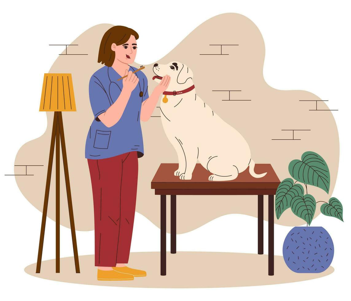 Veterinarian cleans the dog's teeth. Veterinary doctor appointment. Maintaining healthy dog teeth and gums. Gum disease prevention. Dog dental care concept. Vector illustration