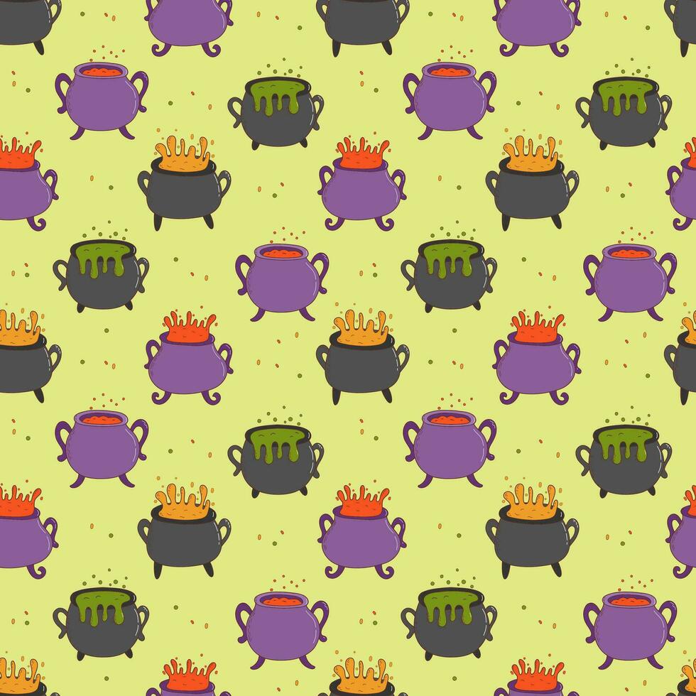 Halloween witches cauldron with poison potion seamless pattern. Trick or treat concept. Flat vector illustration in hand drawn style