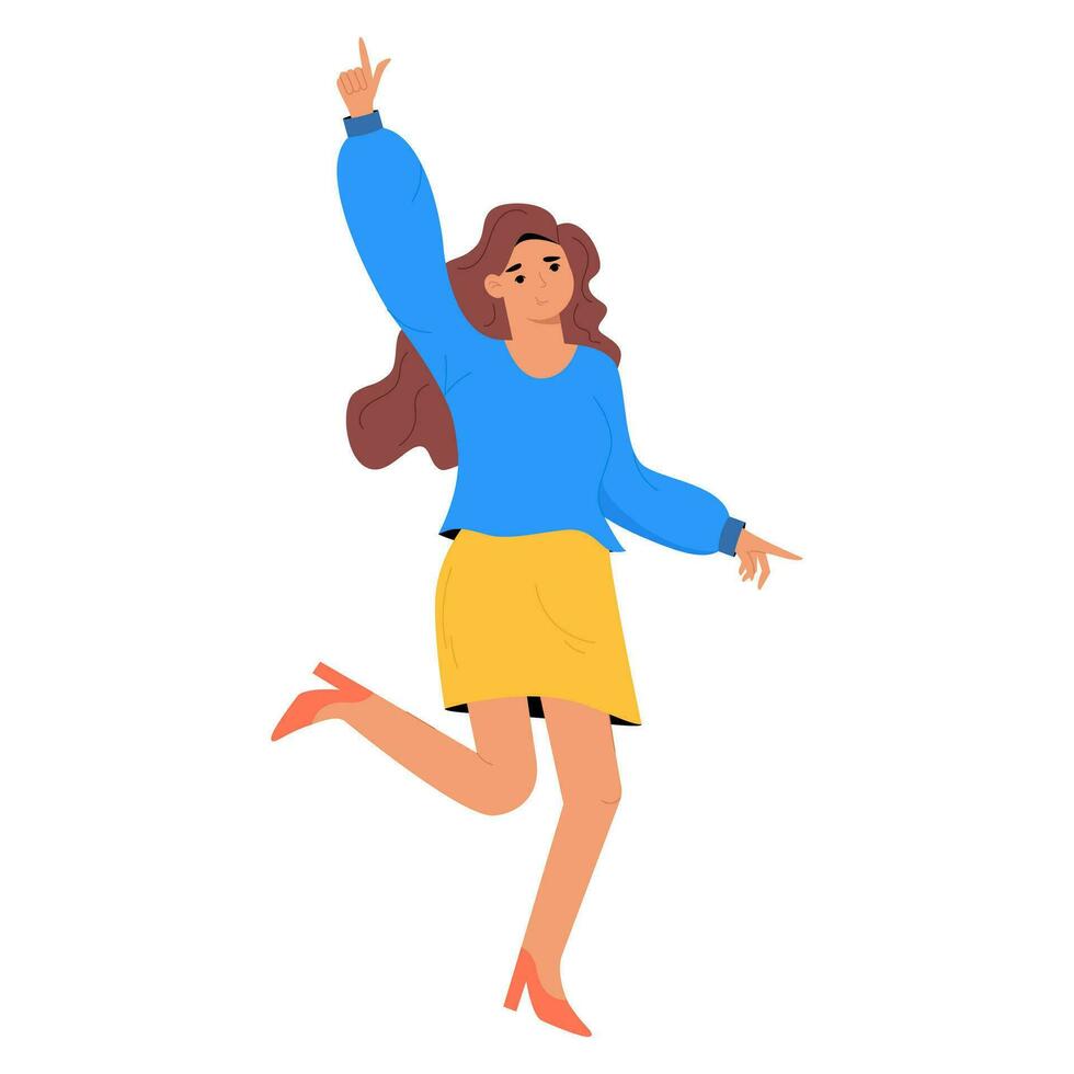 Cute dancing woman with raised hands. International Women's Day concept for card, poster, banner and other. Flat vector illustration