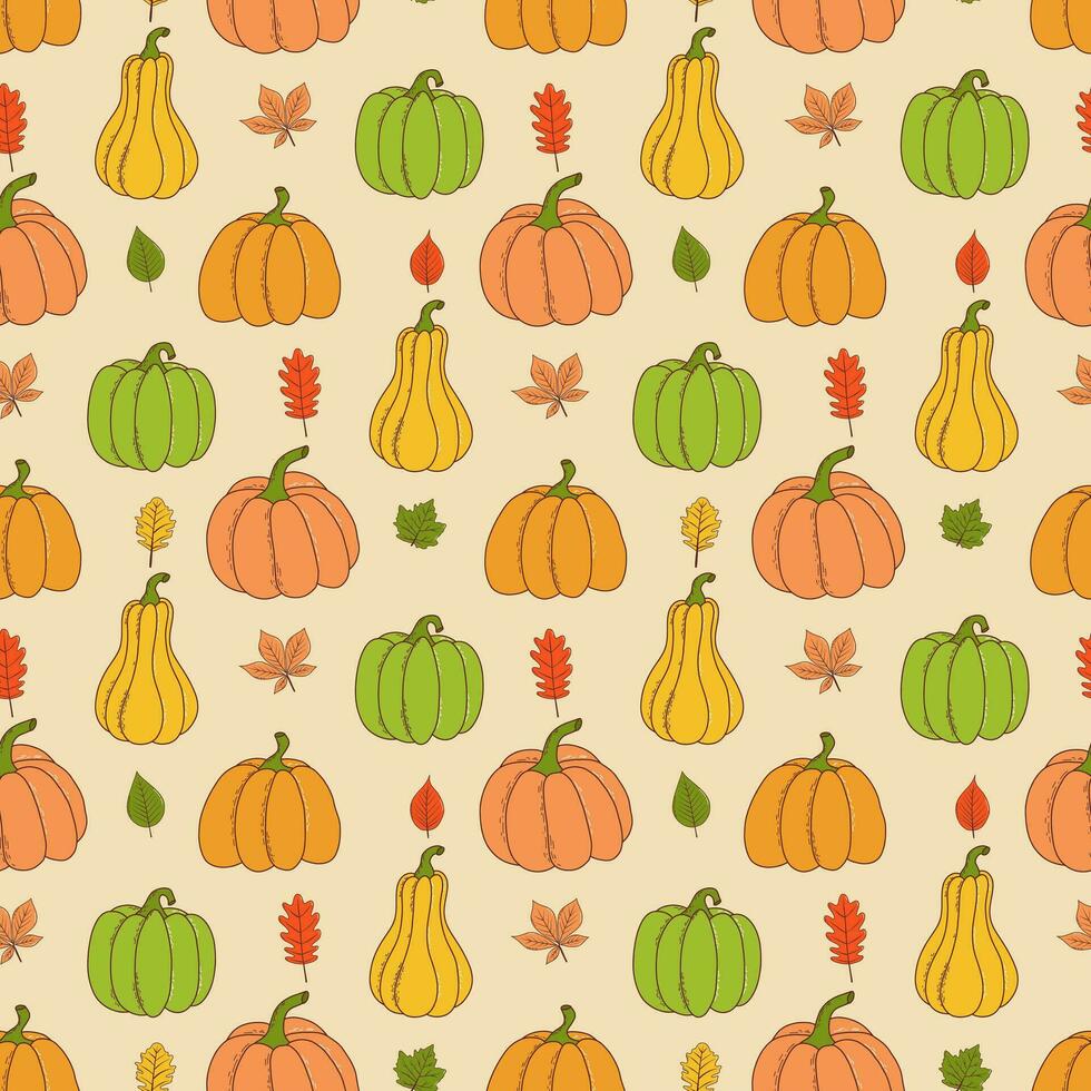 Cute pumpkin seamless pattern. Vector illustration in hand drawn style