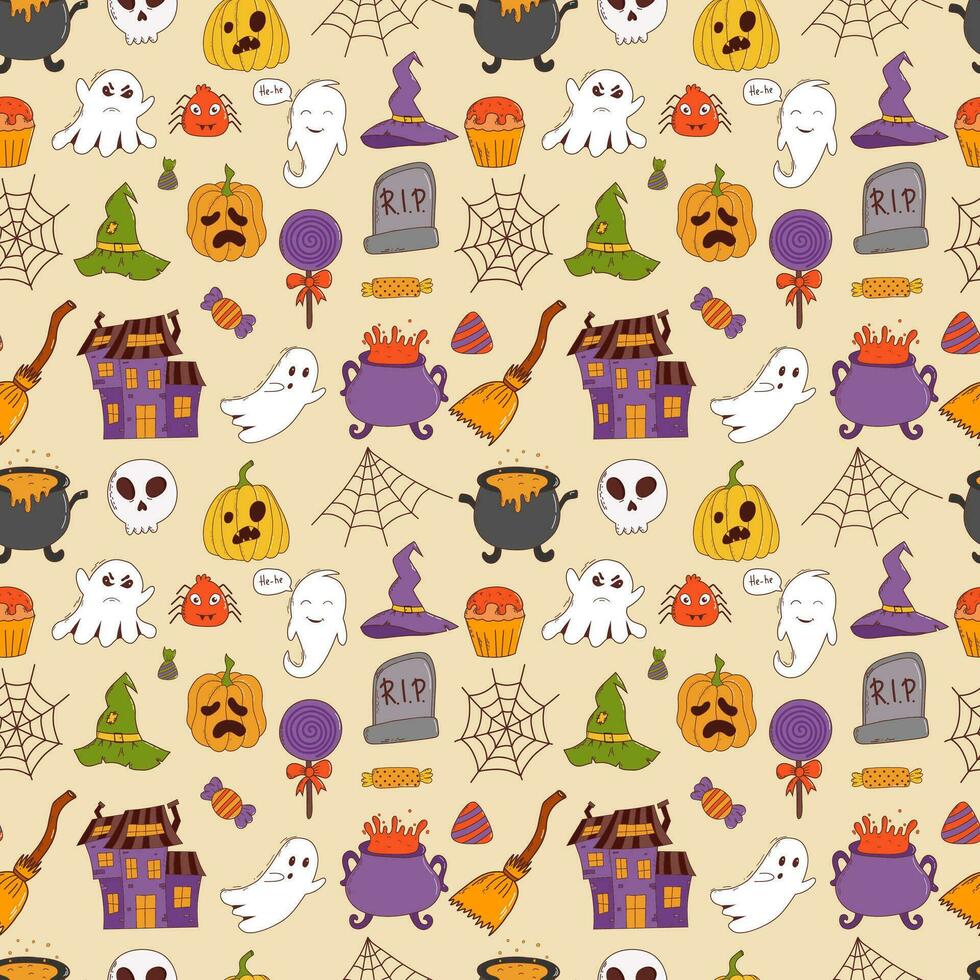 Funny halloween seamless pattern. pumpkin, ghost, witch hat, bat, sweets, spider, broom. Trick or treat concept. Vector illustration in hand drawn style