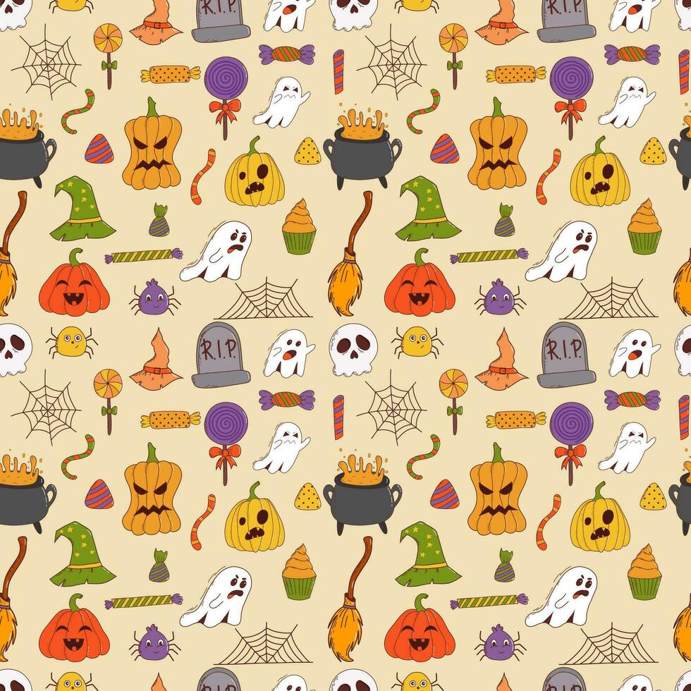 Funny halloween seamless pattern pumpkin, ghost, witch hat, bat, sweets, spider, broom. Trick or treat concept. Vector illustration in hand drawn style