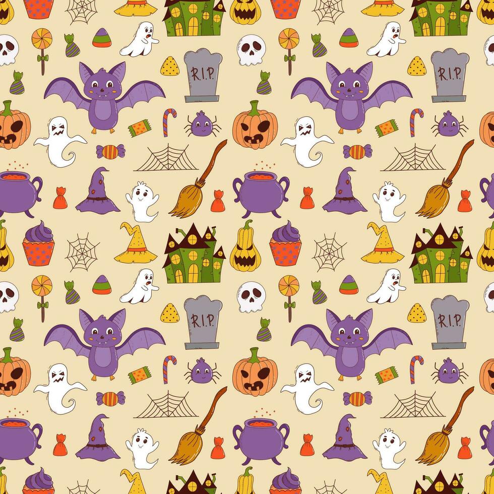 Funny halloween seamless pattern. pumpkin, ghost, witch hat, bat, sweets, spider, broom. Trick or treat concept. Vector illustration in hand drawn style