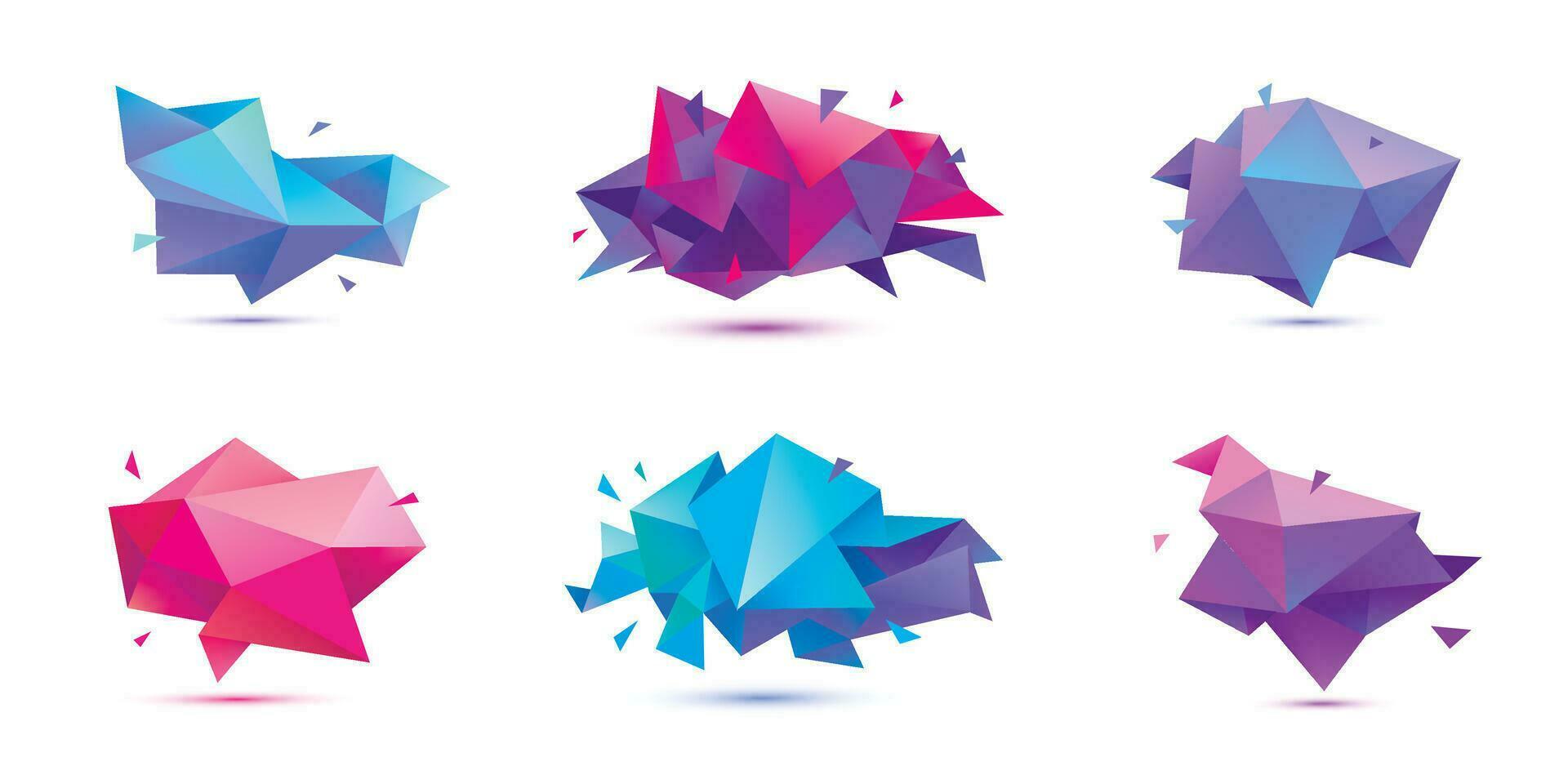 Vector set of abstract facet 3d shapes, geometric banners. Low poly triangle posters, polygon modern concept backgrounds