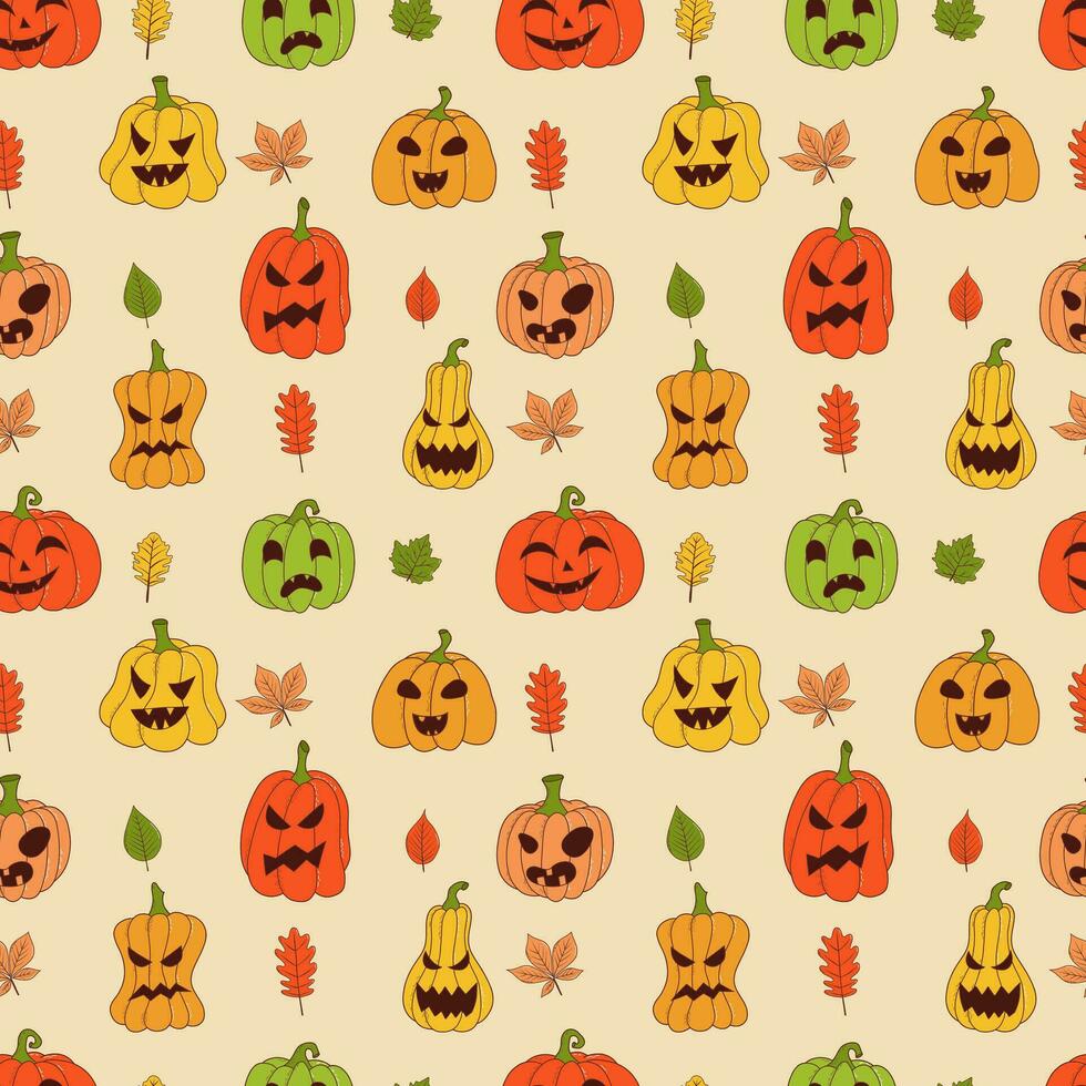 Cute pumpkin seamless pattern. Vector illustration in hand drawn style