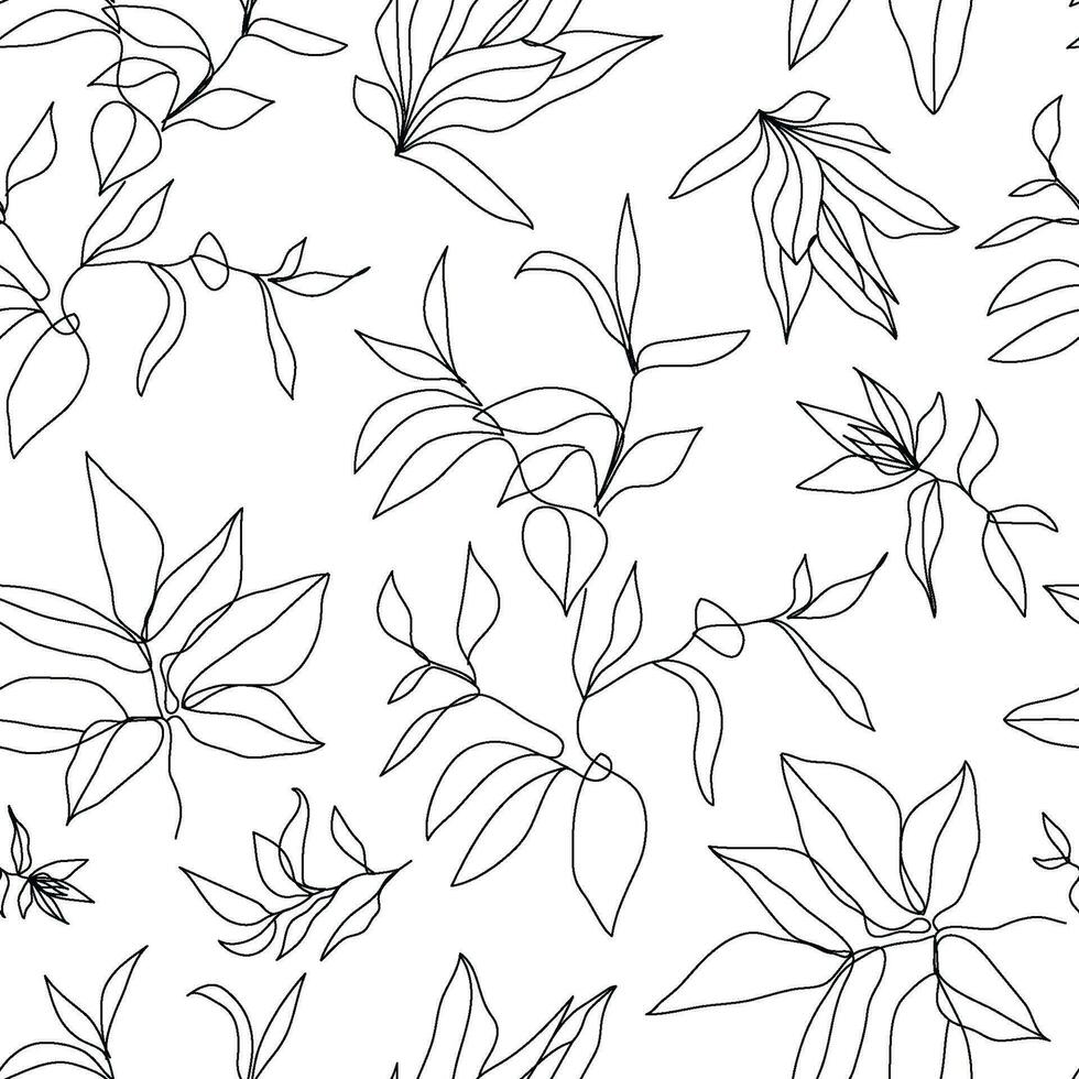 Vector floral linear seamless background, plants and leaves. One, continuous line pattern, hand drawn style. Monoline doodle