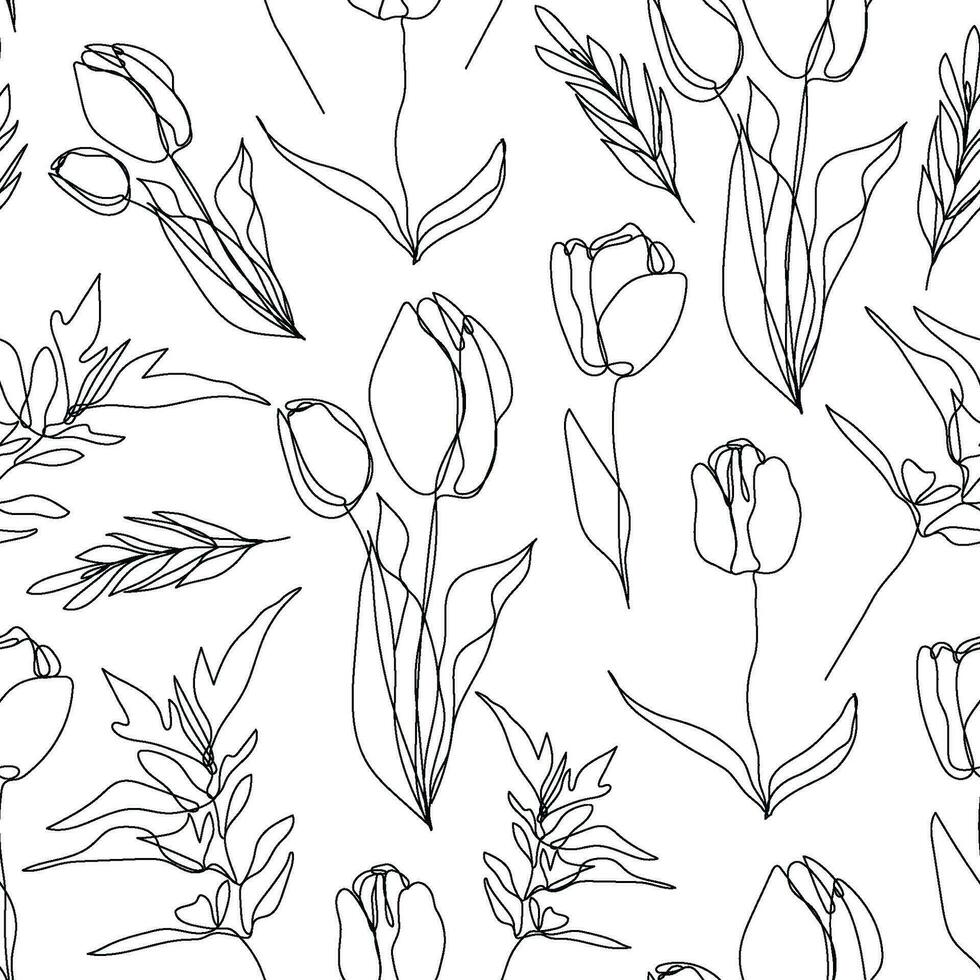 Vector floral linear seamless background, plants and leaves. One, continuous line pattern, hand drawn style. Monoline doodle