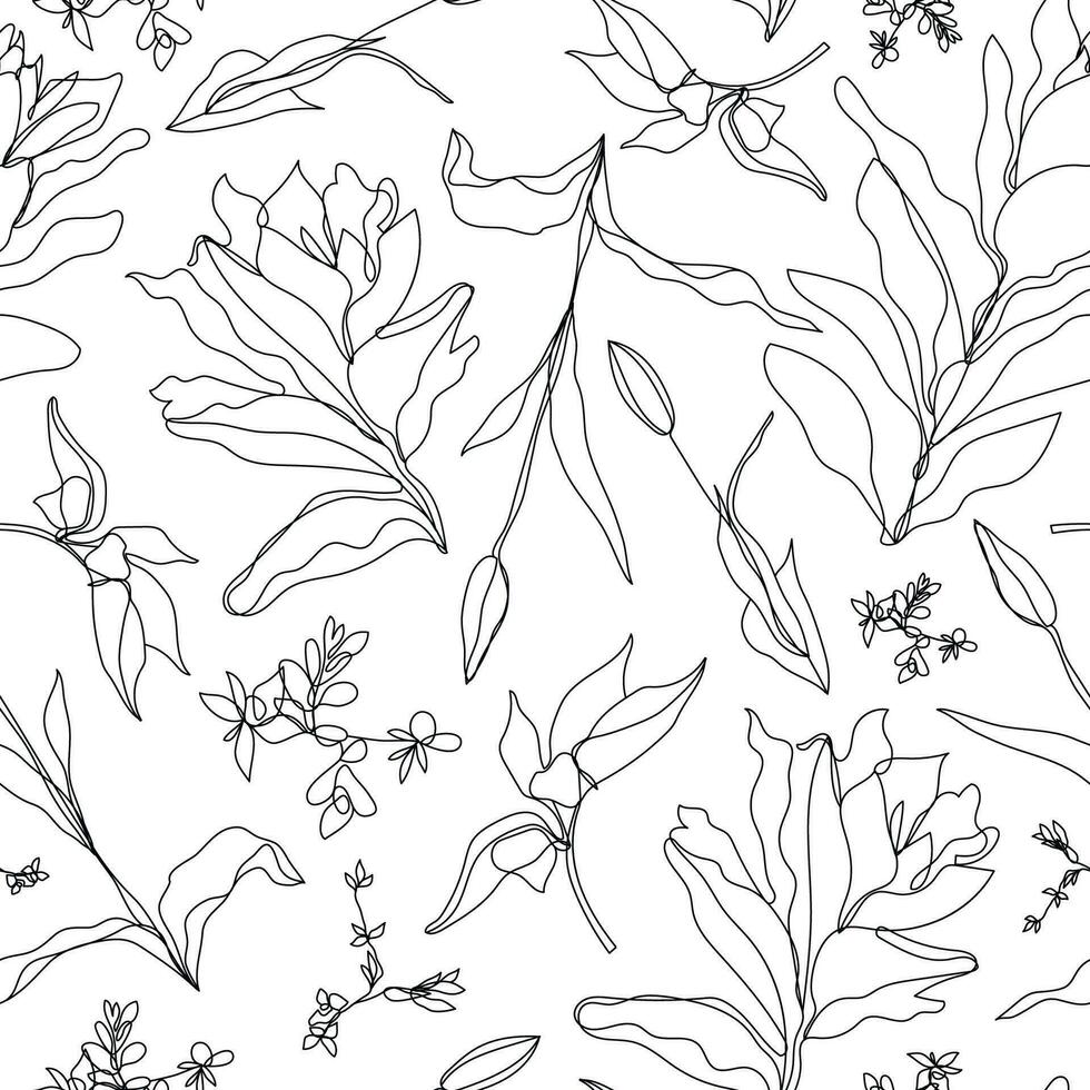 Vector floral linear seamless background, plants and leaves. One, continuous line pattern, hand drawn style. Monoline doodle
