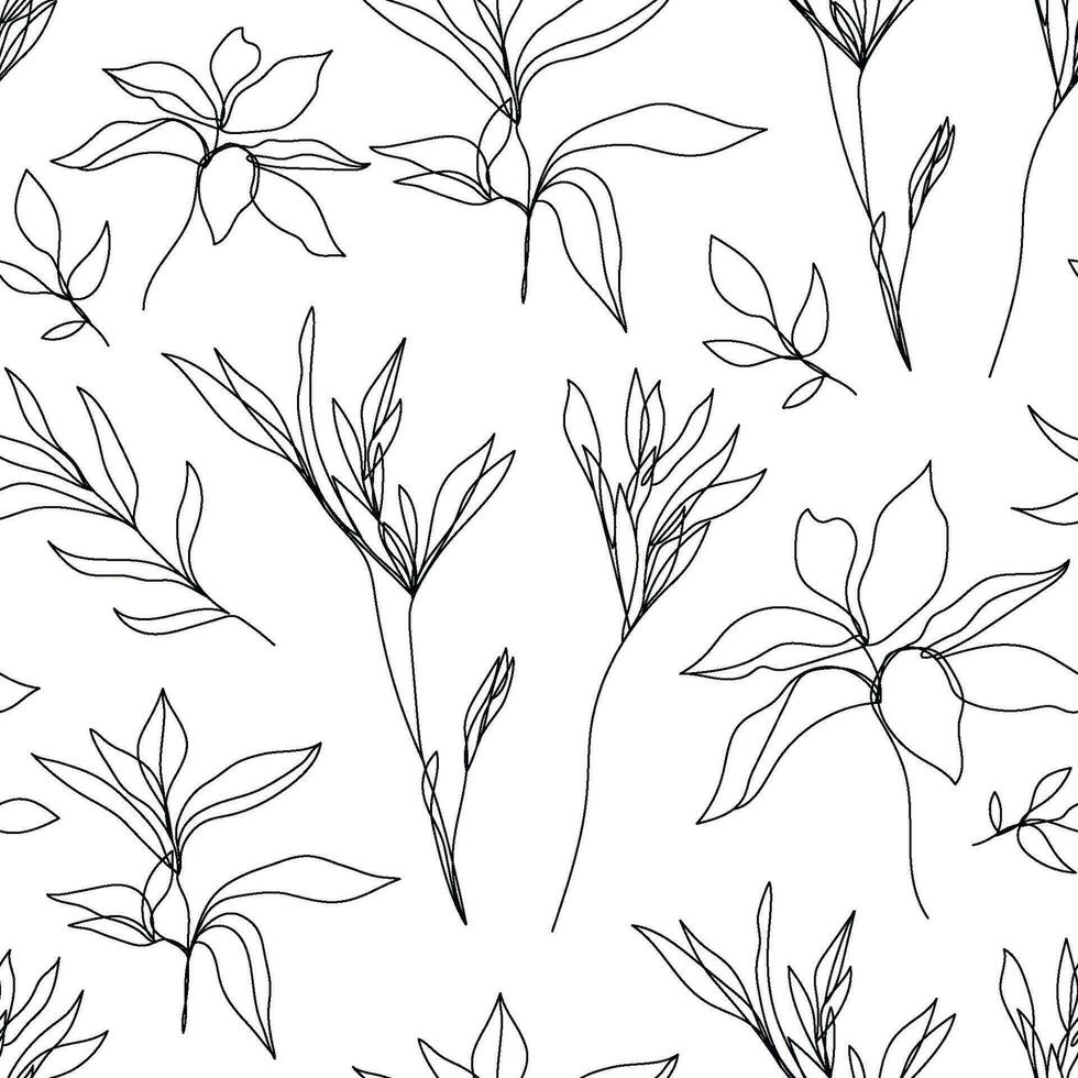 vector floral lineal sin costura fondo, plantas y hojas. uno, continuo línea patrón, mano dibujado estilo. monoline garabatear