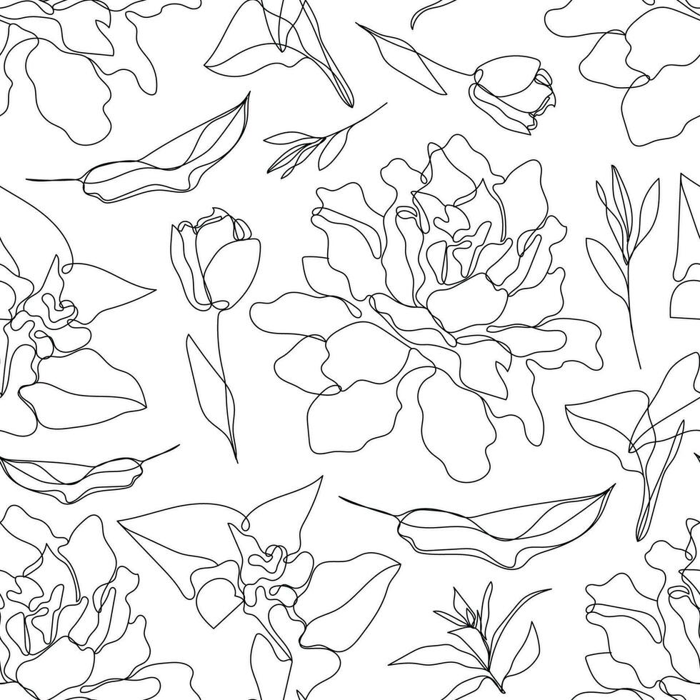Vector floral linear seamless background, plants and leaves. One, continuous line pattern, hand drawn style. Monoline doodle