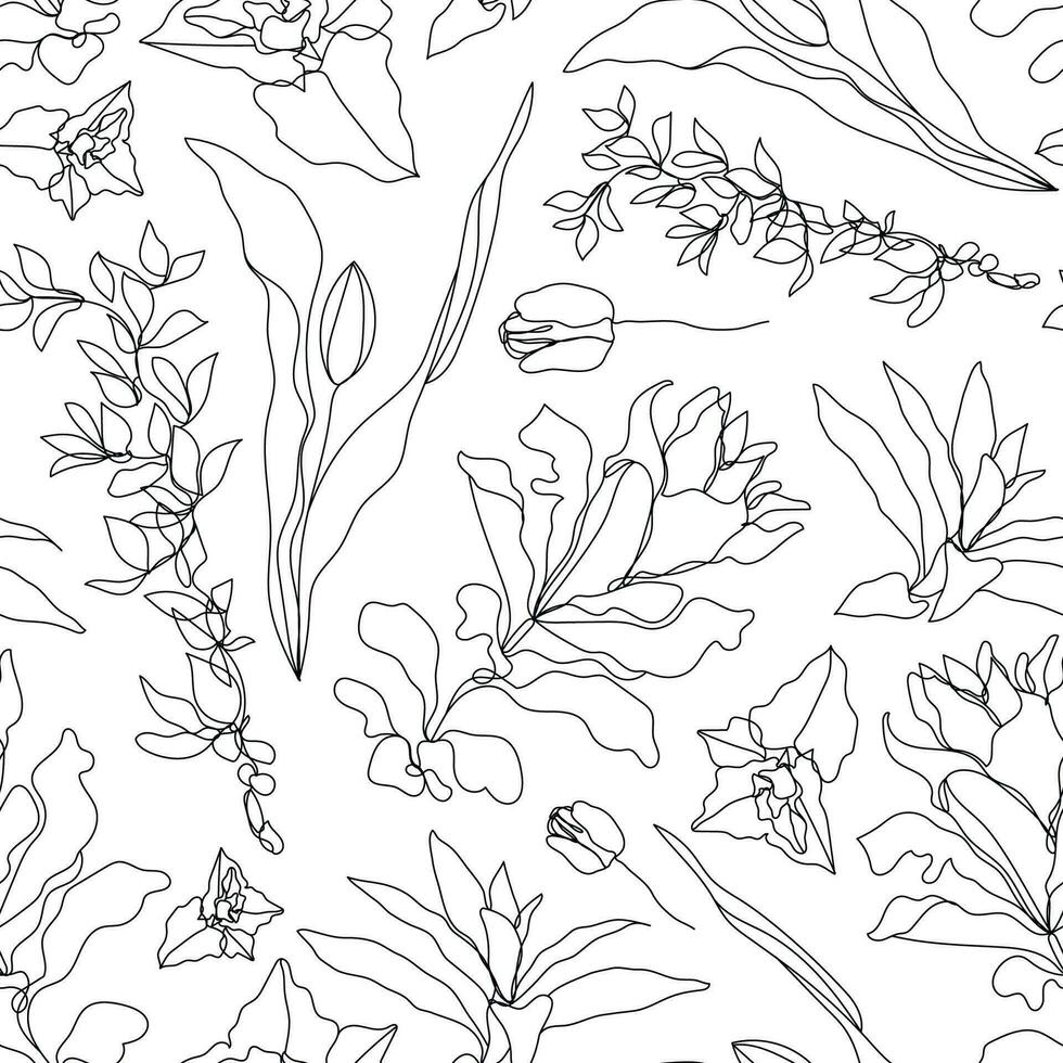 Vector floral linear seamless background, plants and leaves. One, continuous line pattern, hand drawn style. Monoline doodle