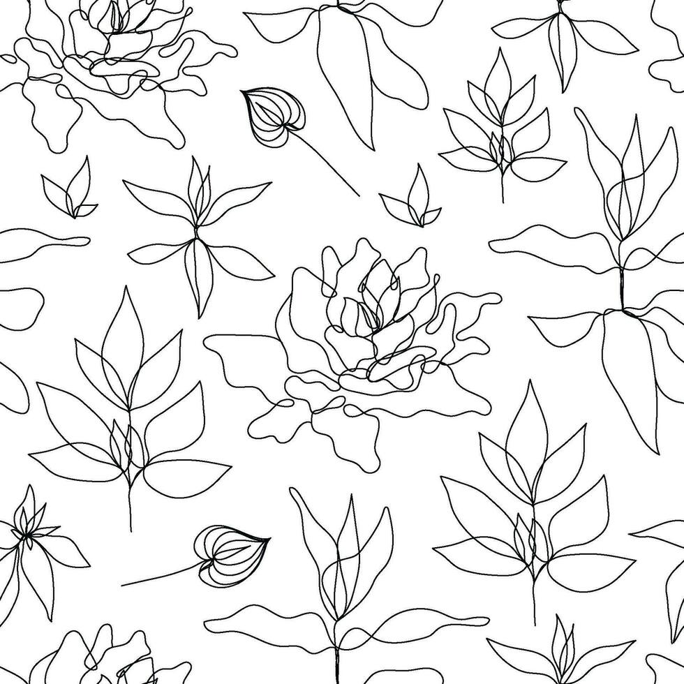 Vector floral linear seamless background, plants and leaves. One, continuous line pattern, hand drawn style. Monoline doodle