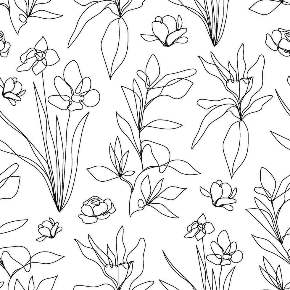 Vector floral linear seamless background, plants and leaves. One, continuous line pattern, hand drawn style. Monoline doodle