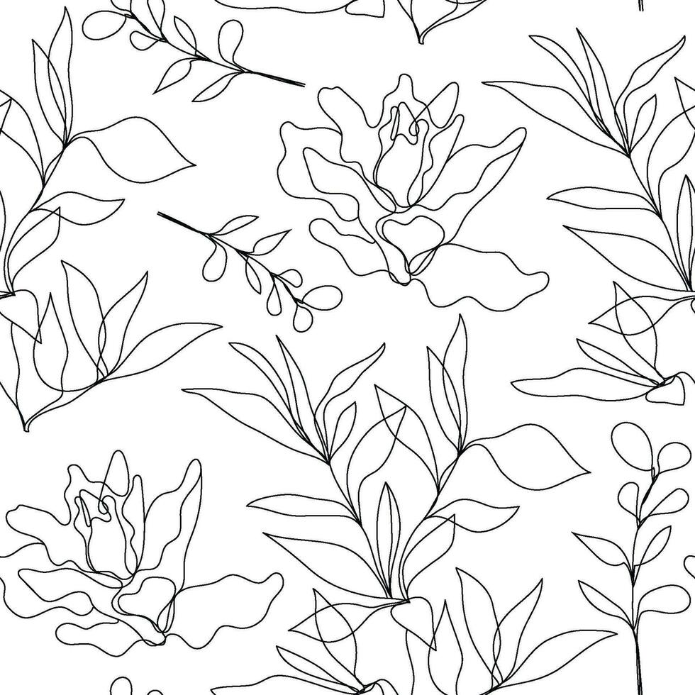 Vector floral linear seamless background, plants and leaves. One, continuous line pattern, hand drawn style. Monoline doodle