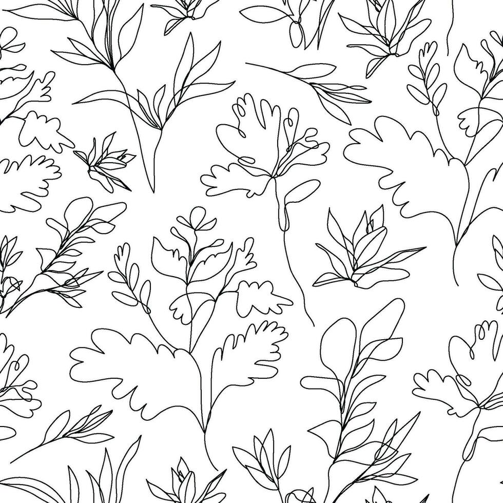 Vector floral linear seamless background, plants and leaves. One, continuous line pattern, hand drawn style. Monoline doodle