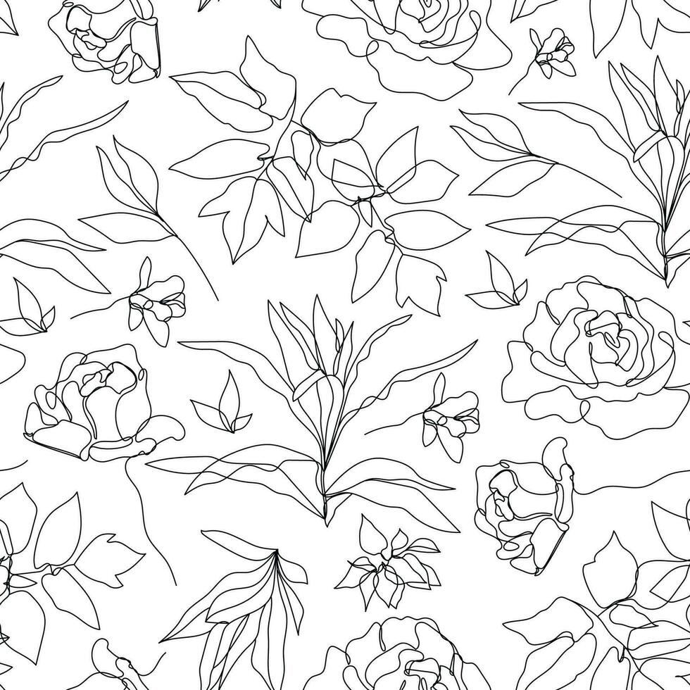 Vector floral linear seamless background, plants and leaves. One, continuous line pattern, hand drawn style. Monoline doodle