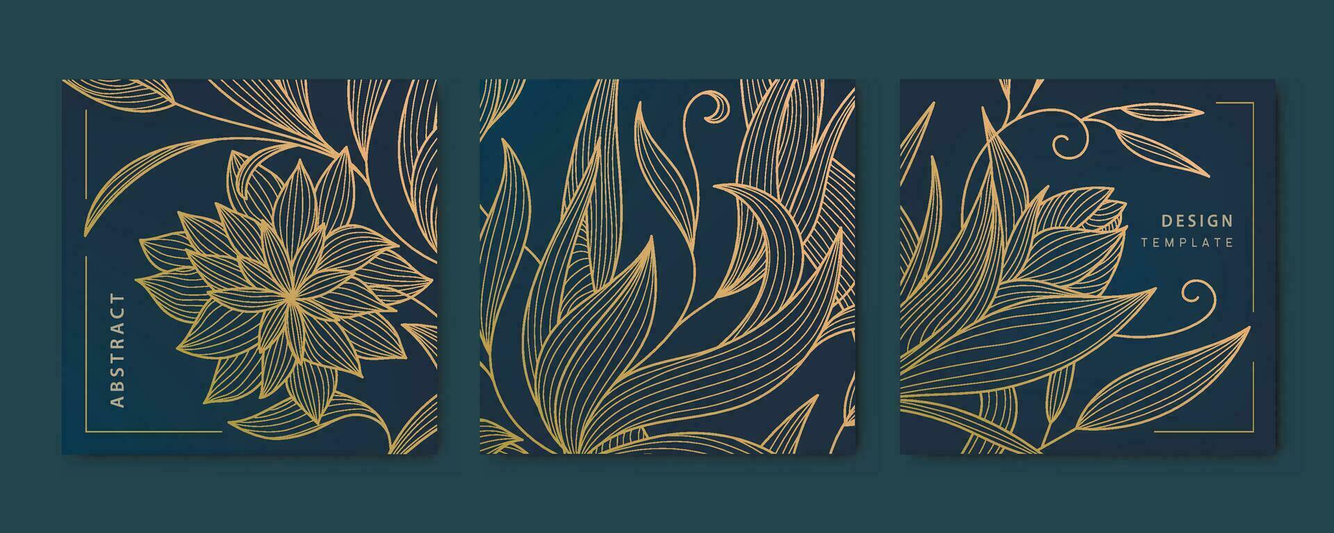 Vector set of abstract luxury golden square cards, wave post templates for social net, leaves botanical modern, art deco wallpaper background. Line floral patterns in japanese style