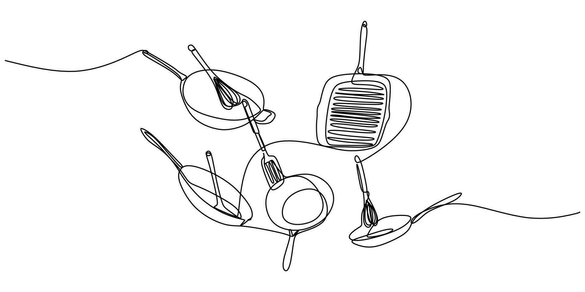 continuo soltero uno línea de Cocinando utensilios maceta, cuchillo, espátula, sartén vector