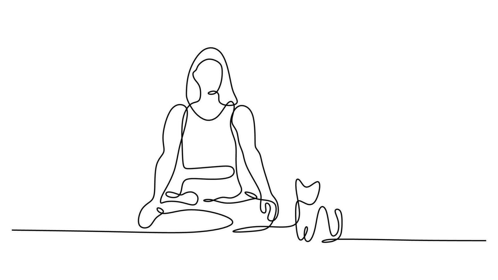 Cat yoga women, continuous line art drawing. Single sketch artwork vector