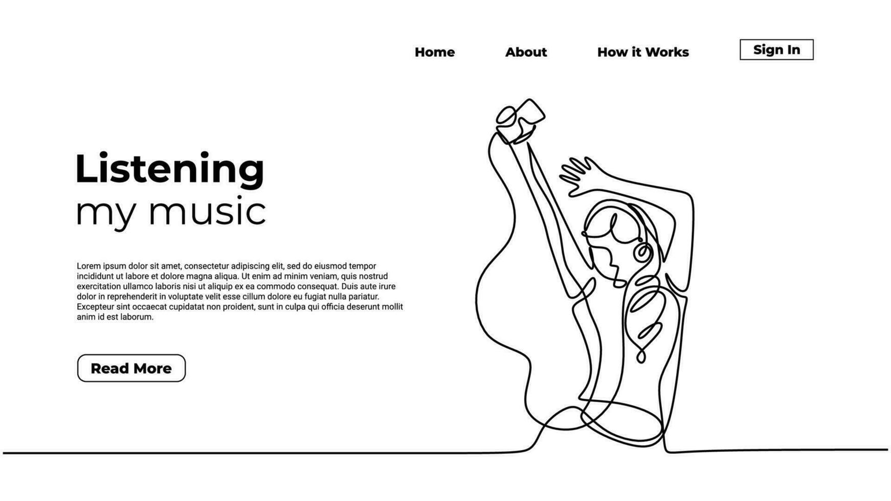 Woman listening music, continuous one line drawing Vector illustration