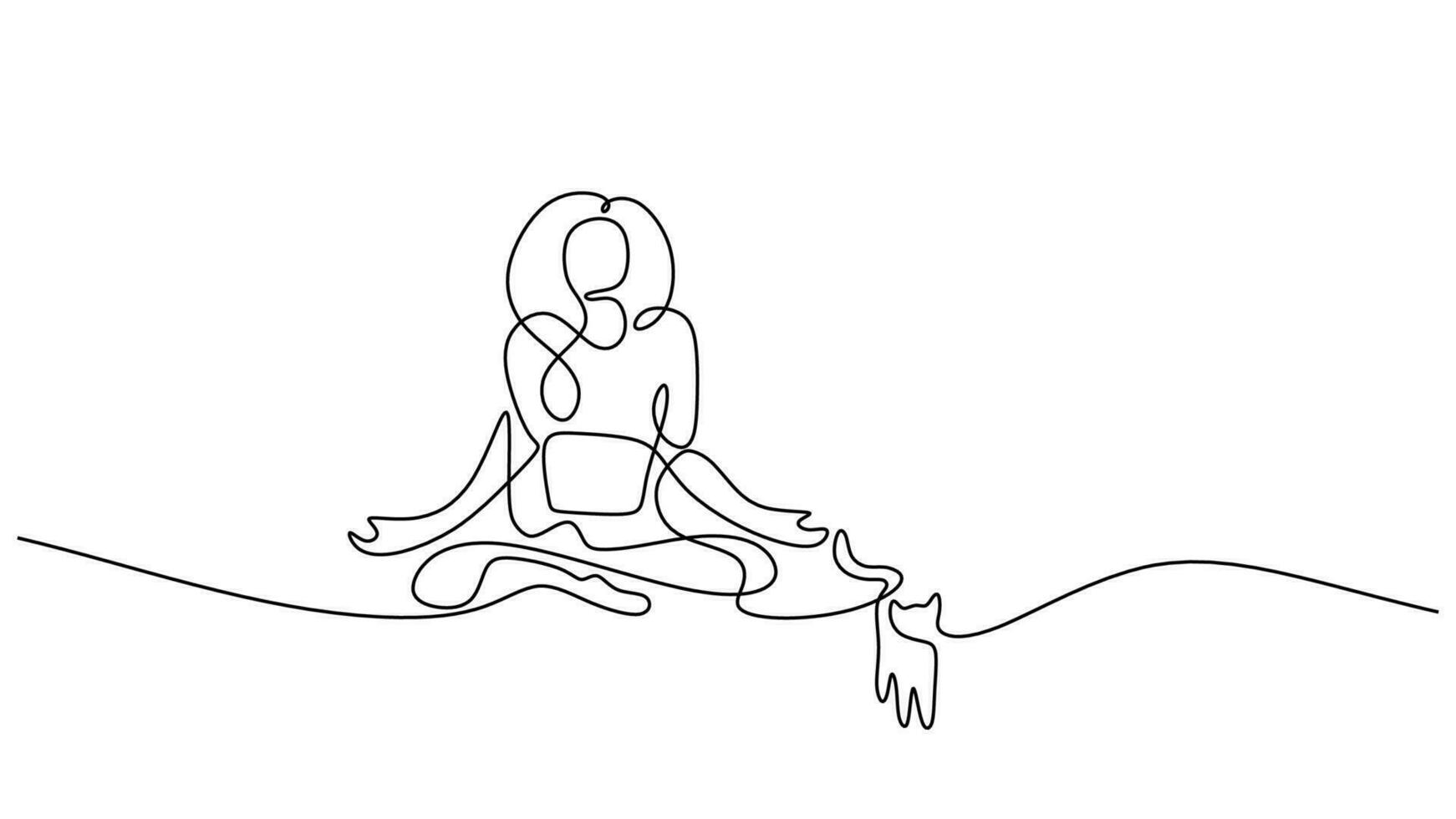 Cat yoga women, continuous line art drawing. Single sketch artwork vector
