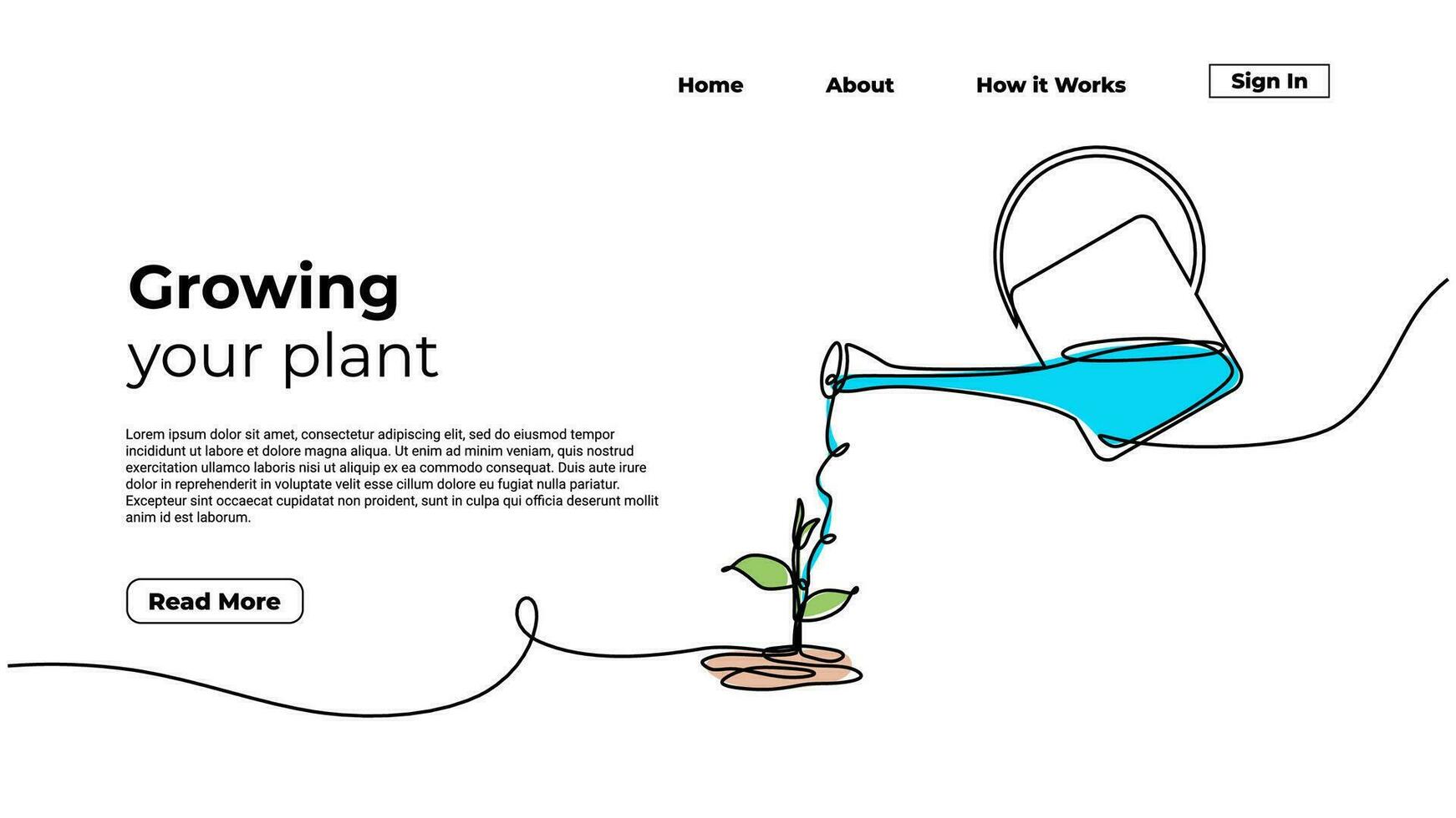 Growing plant continuous one line drawing. Landing page template vector