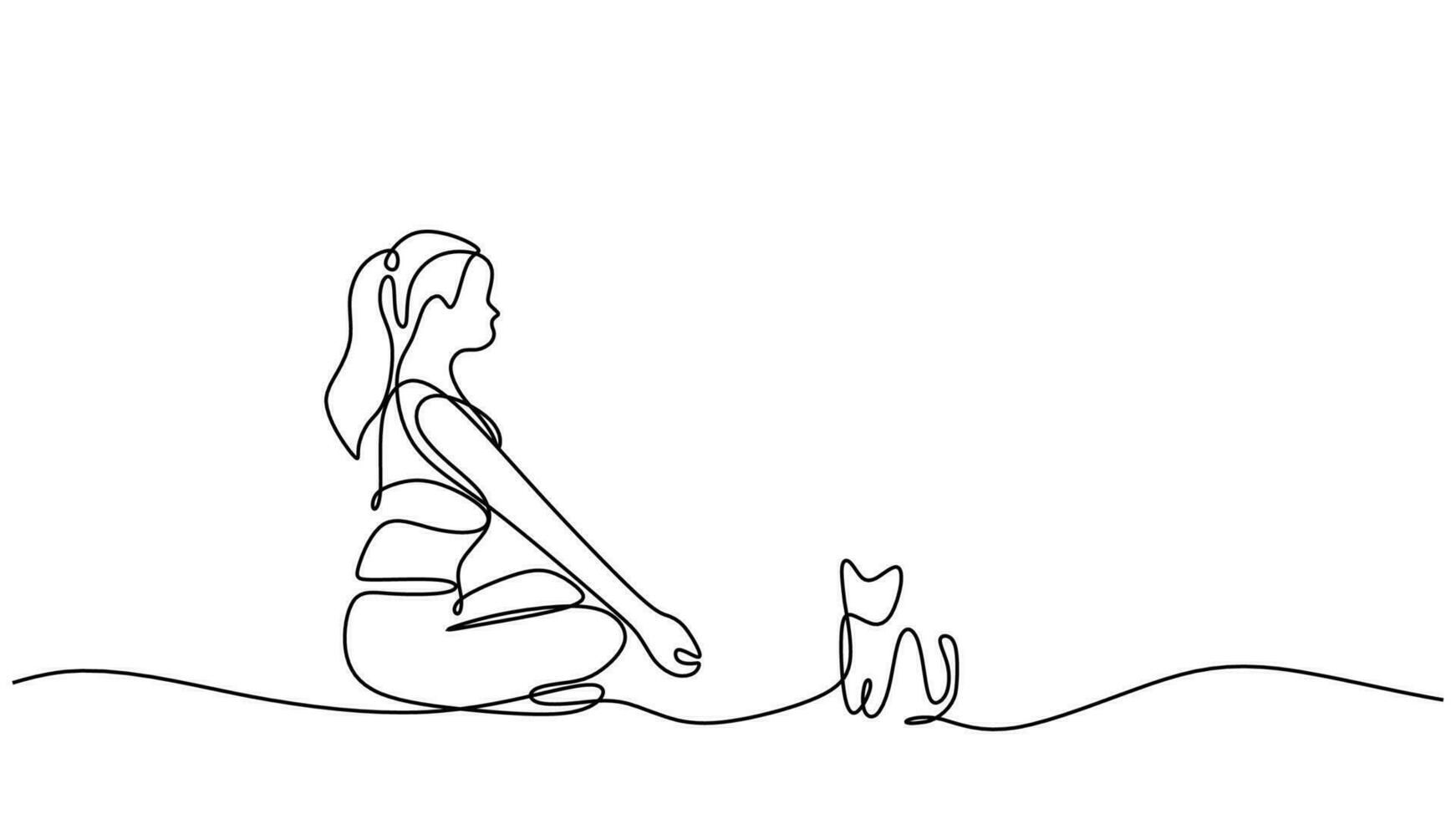 Cat yoga women, continuous line art drawing. Single sketch artwork vector
