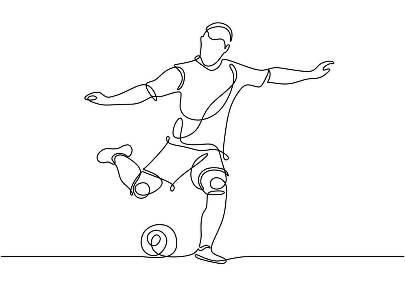 Soccer sport player, continuous one line  of sportsman kick a ball. vector