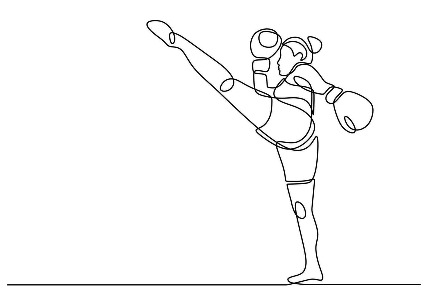 Boxer uno línea dibujo, niña combatiente patada formación continuo dibujado vector