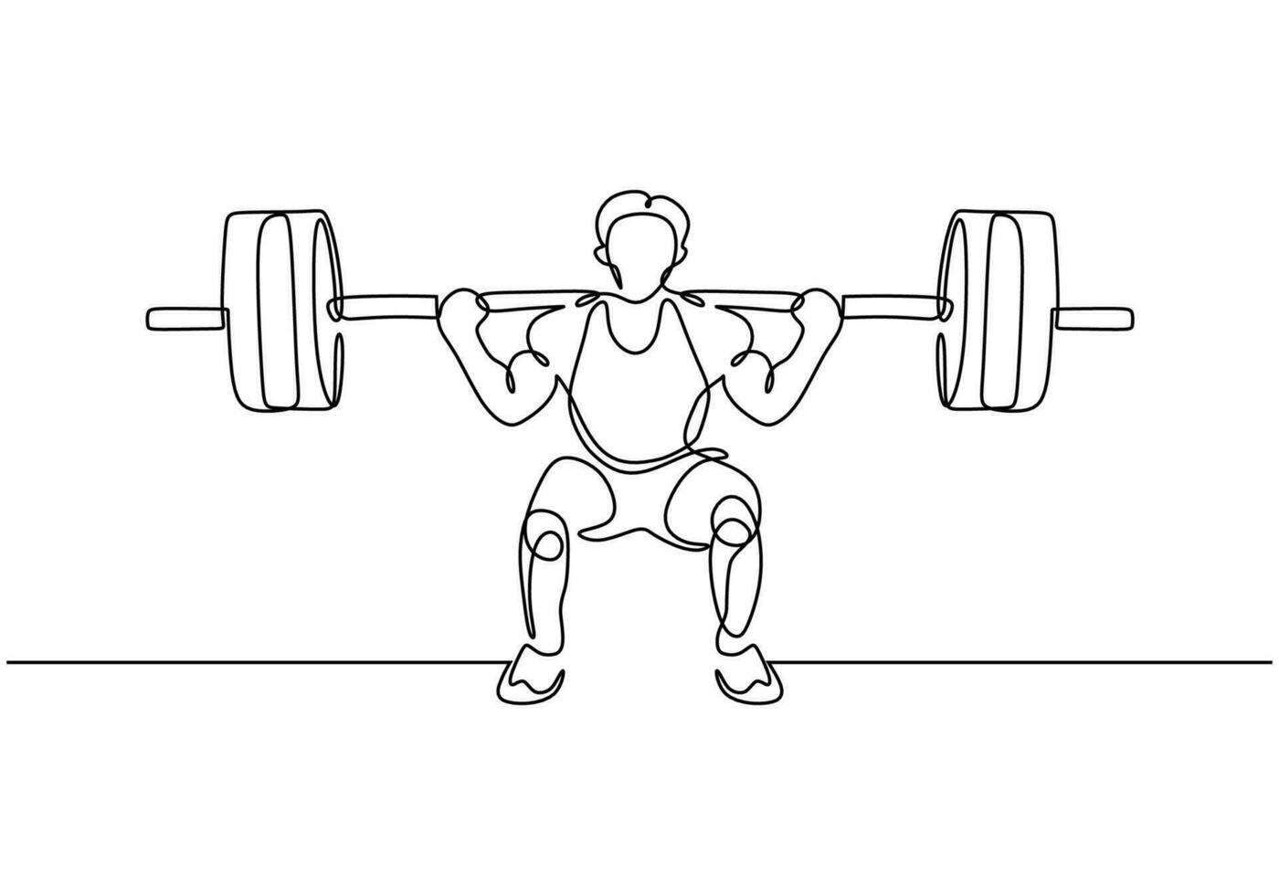 one line drawing weight lifting. Muscle exercise at gym vector