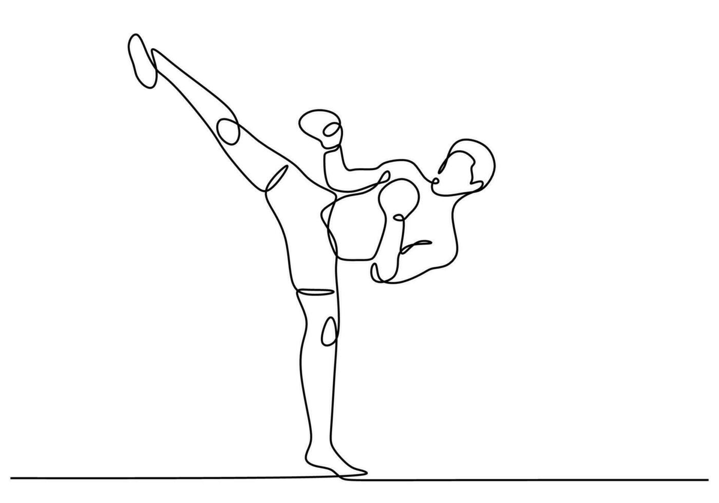 Kickboxing continuous line drawing. Vector illustration of a man kick
