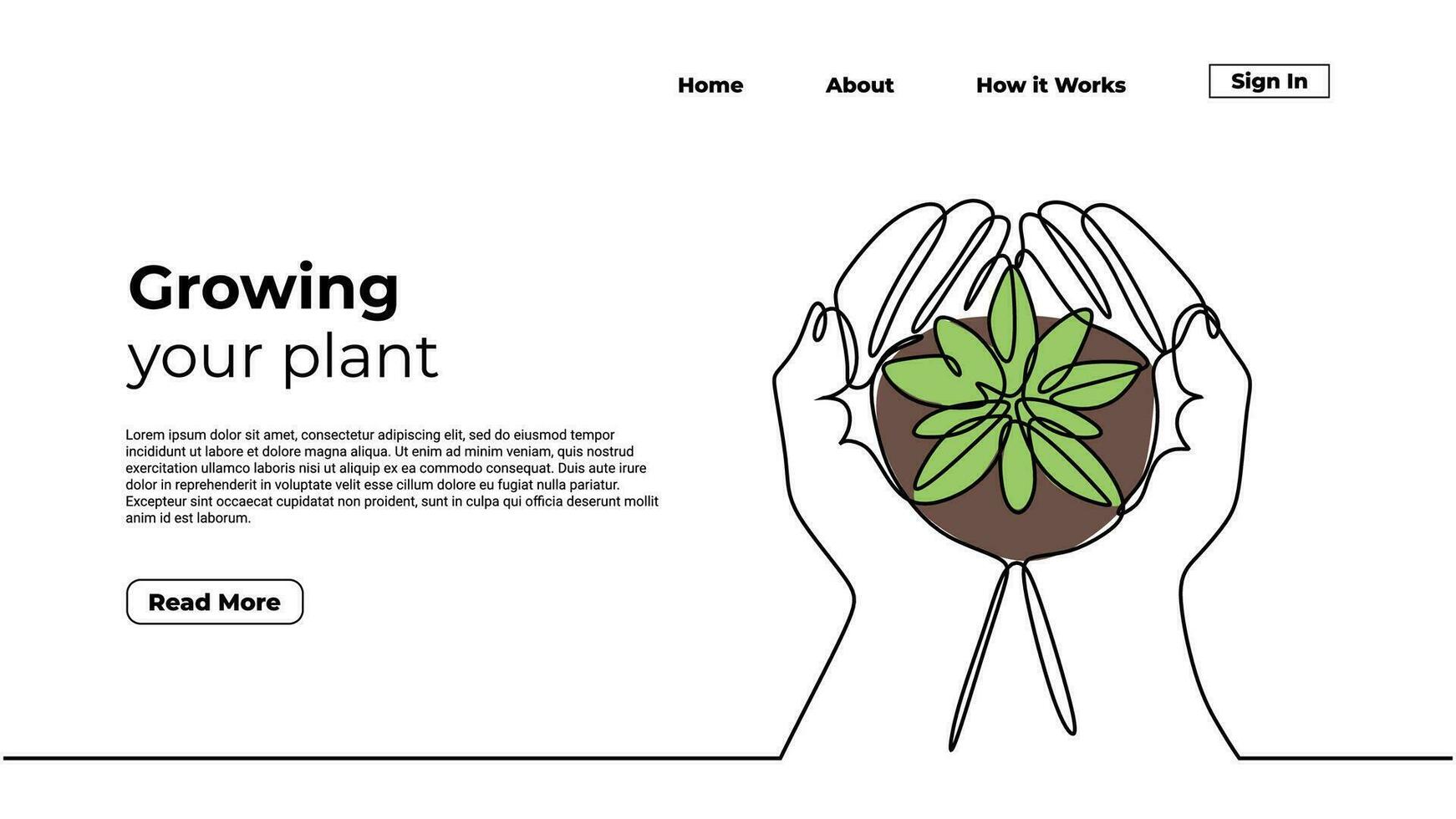 Growing plant continuous one line drawing. Landing page template vector