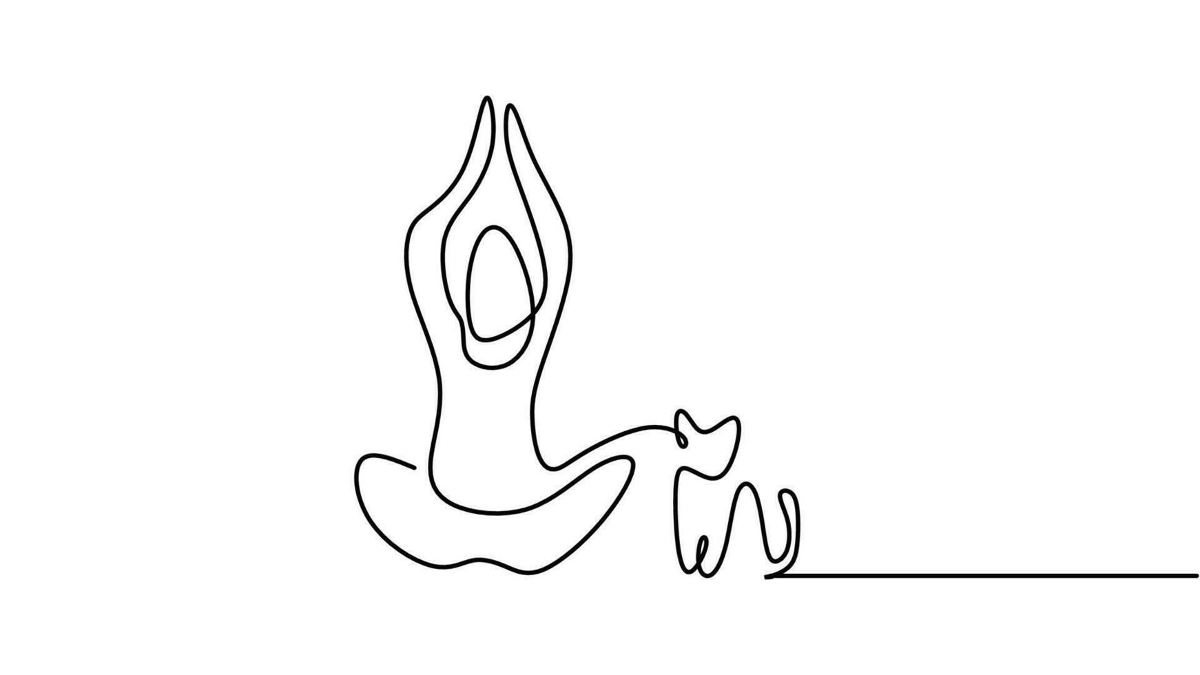 Cat yoga women, continuous line art drawing. Single sketch artwork vector