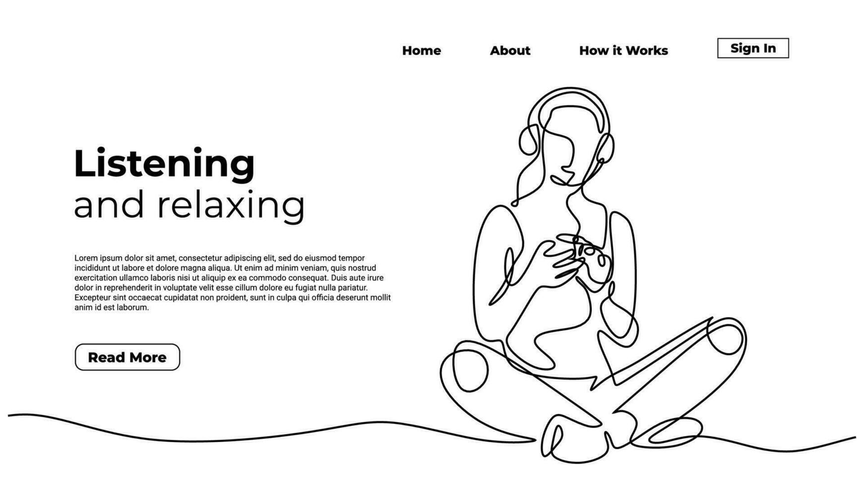 Continuous line drawing woman listen to music. Landing page template vector