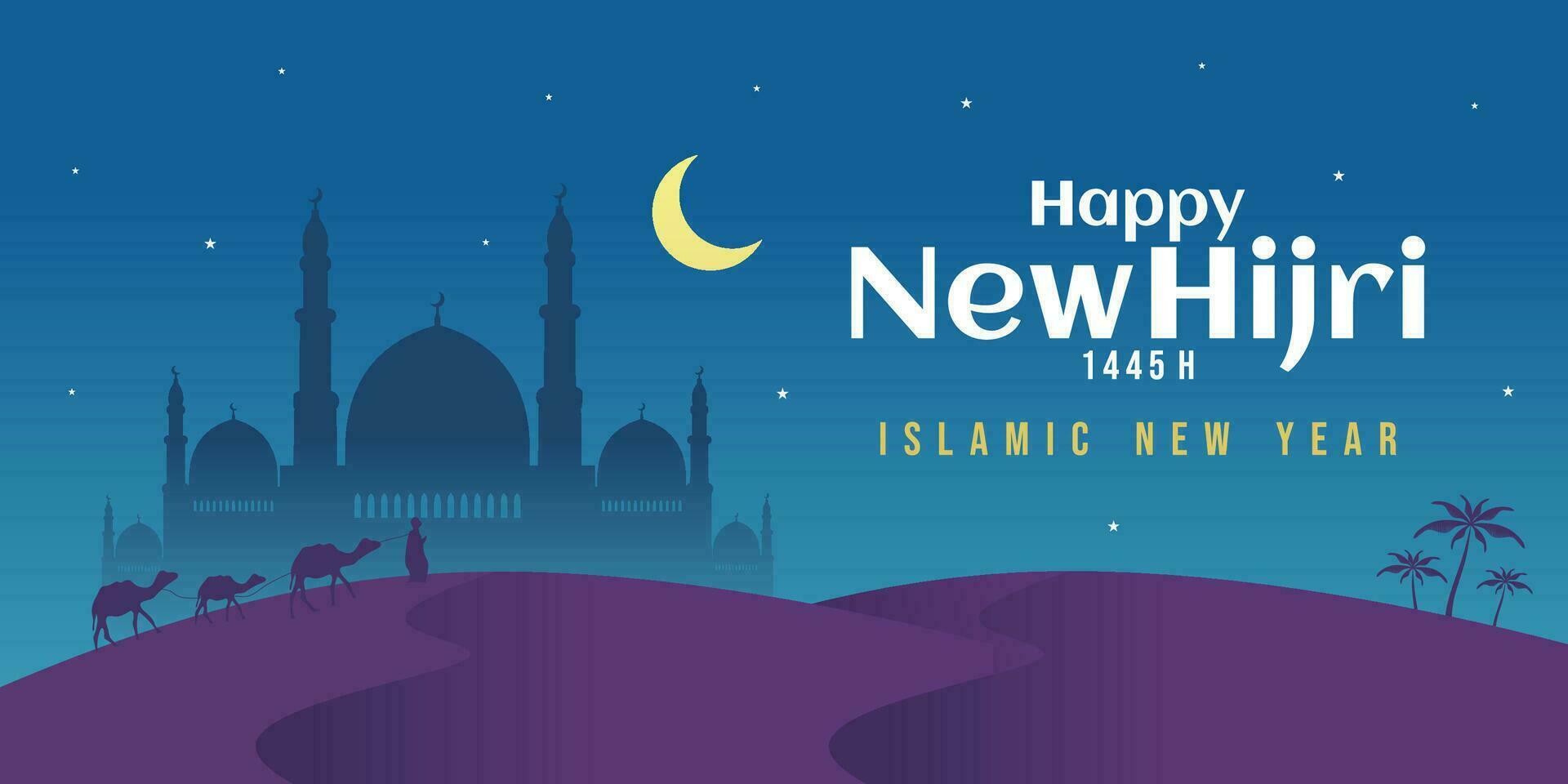 Happy new hijri year 1445 with moon, star, mosque, arabic letter vector